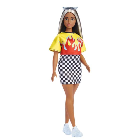 Imagem de Boneca Barbie Fashionista com Estojo - Top Flames e Saia Xadrez - Negra - 179 - Mattel