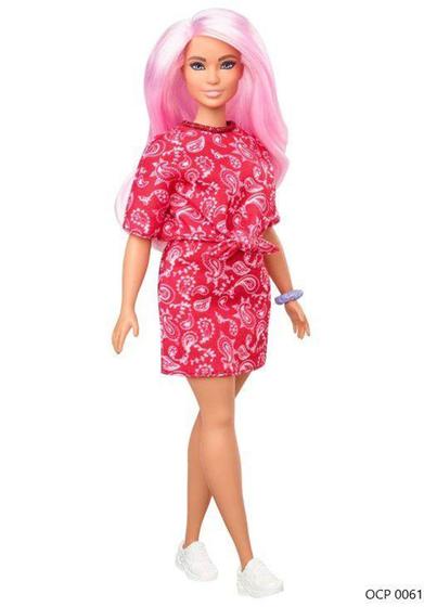 Imagem de Boneca Barbie Fashionistas 151 Cabelo Rosa Blusa e Saia Vermelha Estampada - Mattel