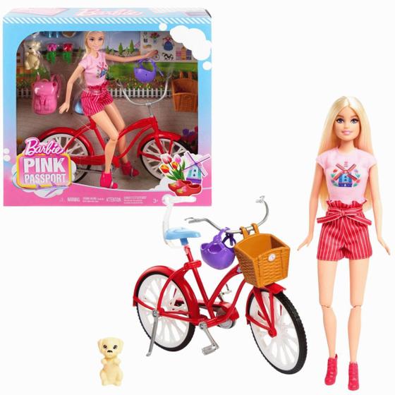 Imagem de Boneca Barbie Pink Passport Bicicleta Com Pet 3+ Mattel