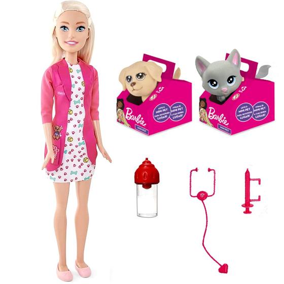 Imagem de Boneca Barbie Veterinária 65cm + Gato Cachorro 8 Acessórios