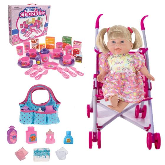 Imagem de Boneca Bebe Rafaeli Faz Xixi + Carrinho + Chá + Bolsinha