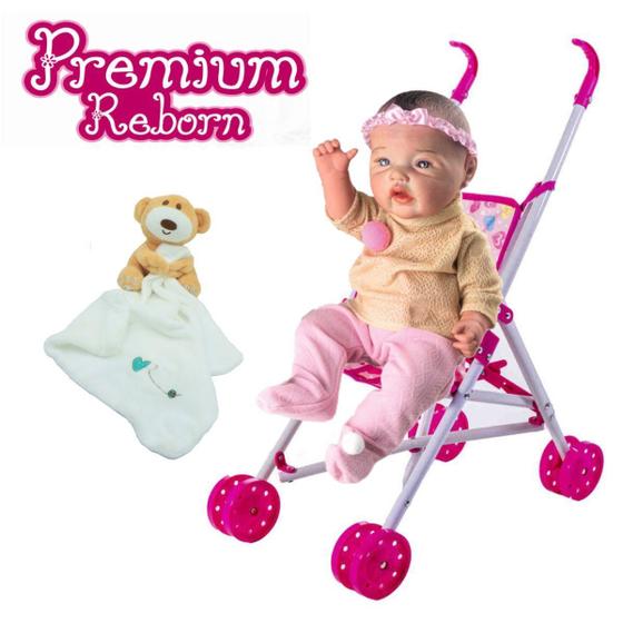 Imagem de Boneca Bebê Realista Rosa + Naninha Urso + Carrinho Passeio