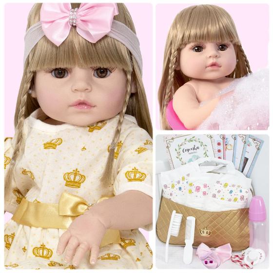 Imagem de Boneca Bebê Reborn 52cm Toda de Silicone Loira + Kit Enxoval