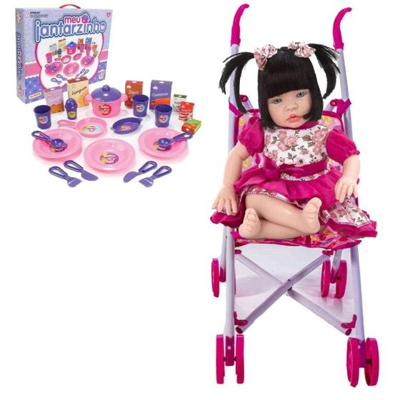 Imagem de Boneca Bebê Reborn Balbucia 910 + Carrinho Rosa e Kit Jantar