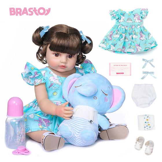 Imagem de Boneca Bebê Reborn Com Chupeta Mamadeira E Roupas 100% Silicone Elefantinho