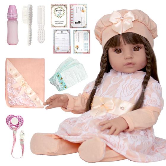 Imagem de Boneca Bebe Reborn Emilia Roupa Salmão com Enxoval Completo