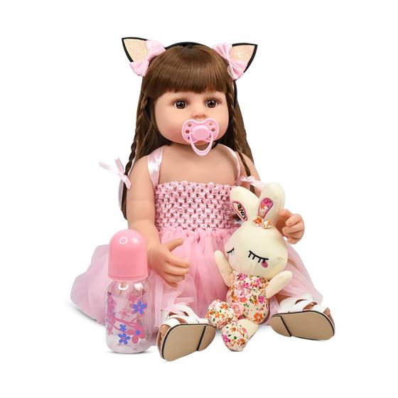 Brastoy Boneca Bebê Reborn Silicone Menina 55cm Olhos Castanhos