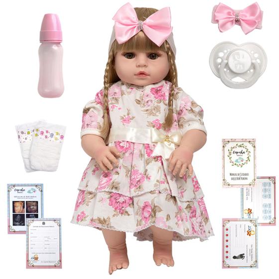 Imagem de Boneca Bebe Reborn Gatinha Loira Completa + Kit Acessórios