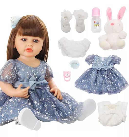 Imagem de Boneca Bebê Reborn Gatinha Realista Brastoy 100% Silicone Conjunto de Roupa Chupeta Mamadeira e Pelúcia