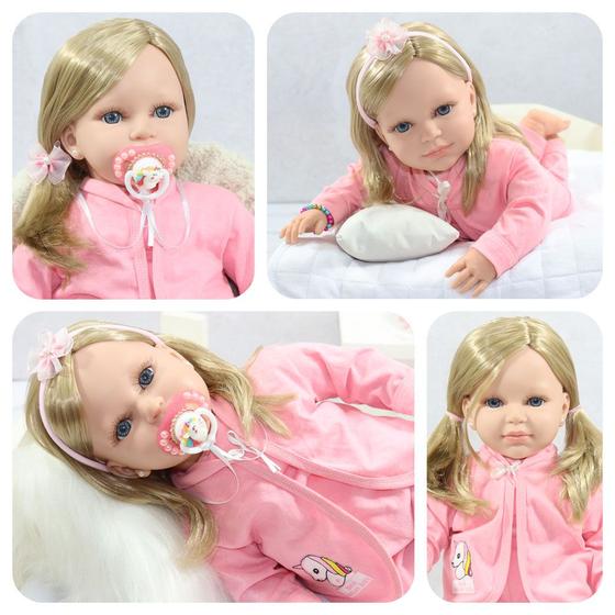 Boneca Bebê Reborn Loira Com Cílios Roupa Rosa 16 itens Menor preço em Boneca Bebê Reborn Loira Com Cílios Roupa Rosa 16 itens