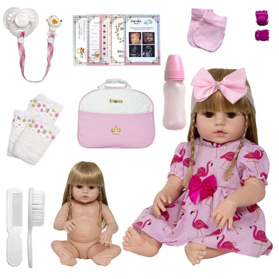 Imagem de Boneca Bebê Reborn Loira Menina Silicone Bolsa Maternidade