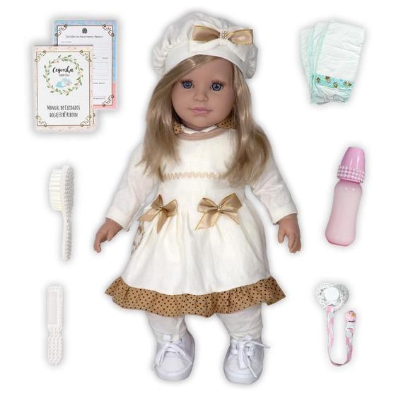 Imagem de Boneca Bebê Reborn Princesa Larinha Loira Roupa Creme 53Cm