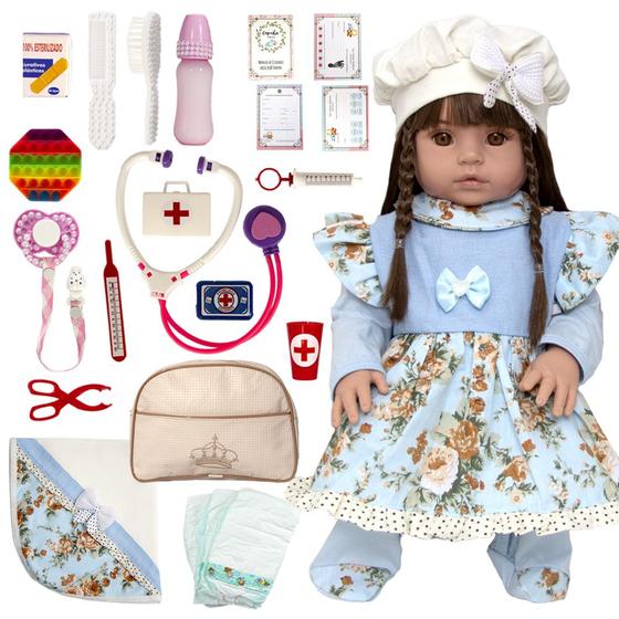 Imagem de Boneca Bebe Reborn Realista Fofa com Roupa Azul e Itens Luxo