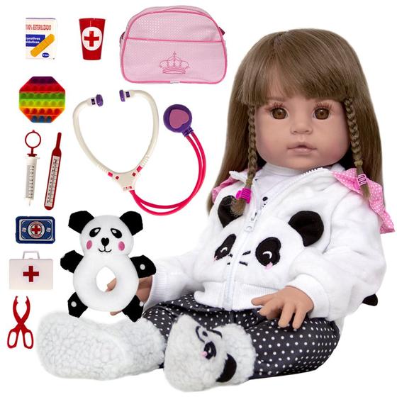 Imagem de Boneca Bebe Reborn Realista Pandinha Luxo Enxoval Completo