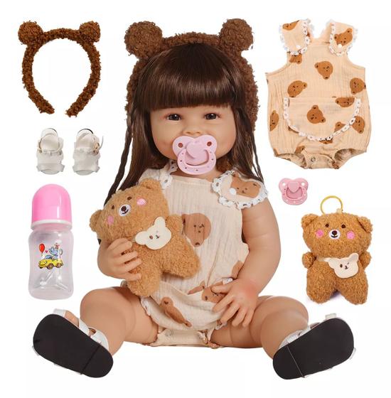 Boneca Bebê Reborn Realista Ursinho Silicone Conjunto de Roupa Chupeta ...