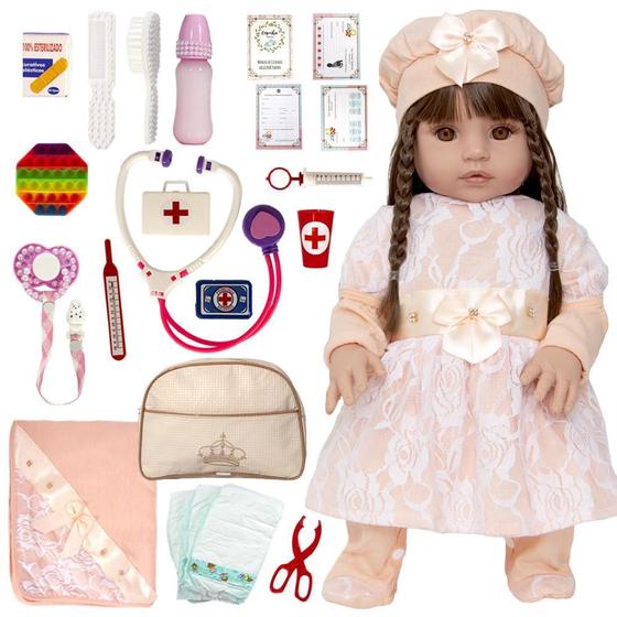 Imagem de Boneca Bebê Silicone Cabelos Castanhos Roupa Salmão + Itens