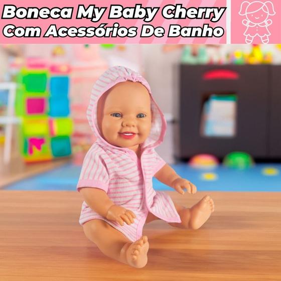 Imagem de Boneca Bebê Vinil My Baby Cherry Menina Infantil Hora Do Banho Com Acessórios