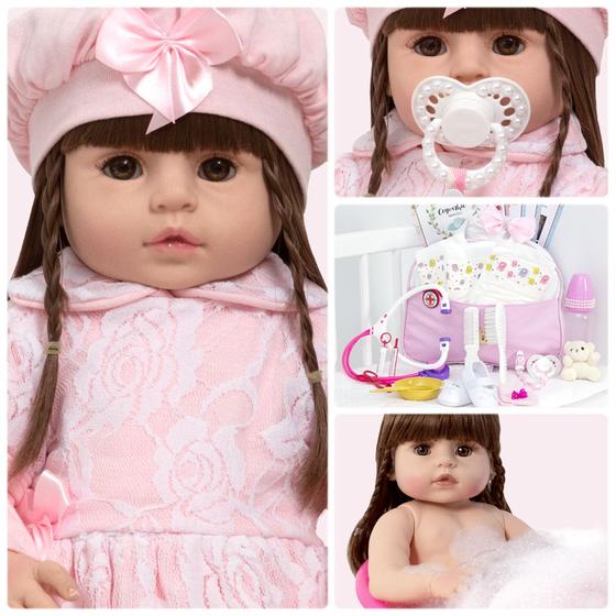 Imagem de Boneca Estilo Reborn Baby Vestido Rosa Acessórios Enxoval