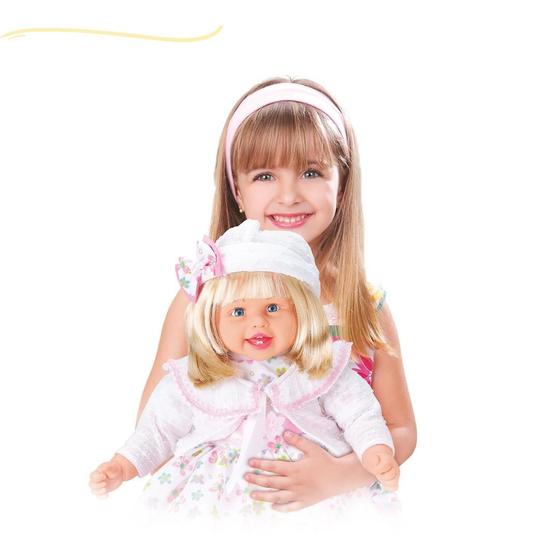 Imagem de Boneca grande com cabelo que fala bonequinha loira que canta bebe falante bebezao realista bb pesado nenem 