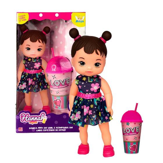 Imagem de Boneca Hannah Suquinho C/ Copo Vinil Vestido Florido 30cm