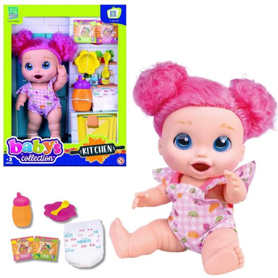 Imagem de Boneca Infantil Menina 26cm Com Acessórios Come E Faz Caquinha Cabelo Rosa Brinquedos Super Toys
