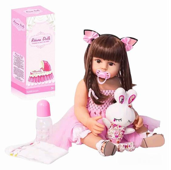 Imagem de Boneca Infantil Menina Realista Bebê Reborn Brinquedo 100% Silicone Com Acessórios