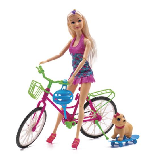 Imagem de Boneca Paty Ciclista Bike Articulada Pet  Bicicleta + Skate