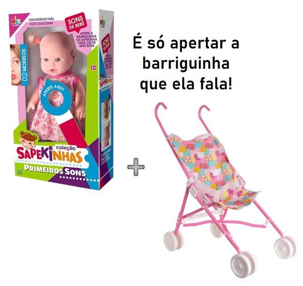 Imagem de Boneca que fala Sapekinhas Primeiros Sons + carrinho de boneca passeio kit