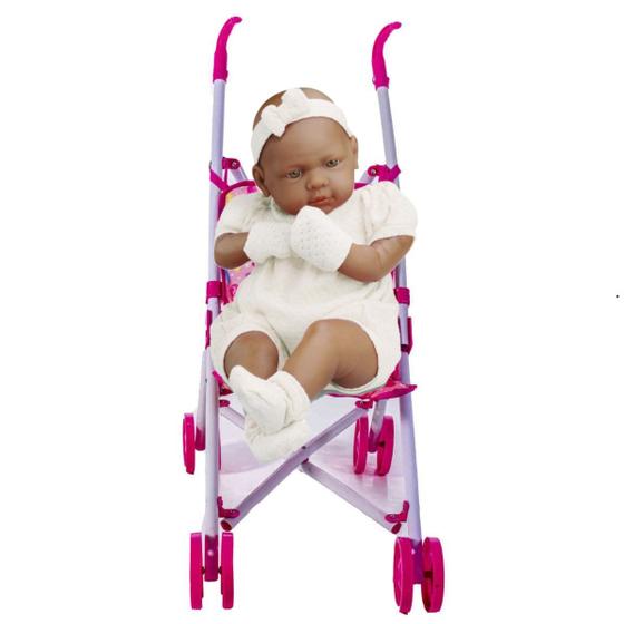 Imagem de Boneca Real Bbê Reborn Negra 42cm + Certidão e Carrinho Rosa
