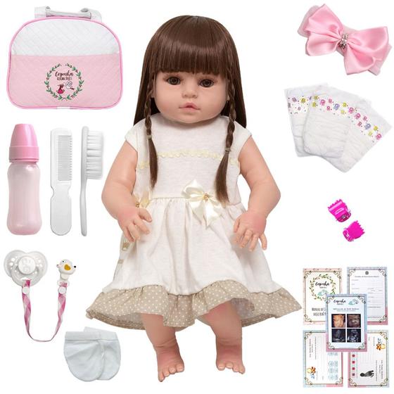 Imagem de Boneca Reborn Baby 46cm Olhos Castanhos Diversos Acessórios