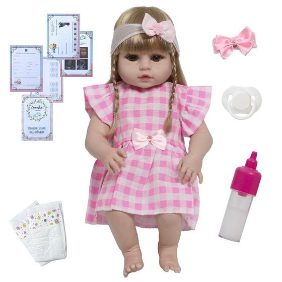 Imagem de Boneca Reborn Bebê Linda Com Acessórios Vestido Xadrez Rosa