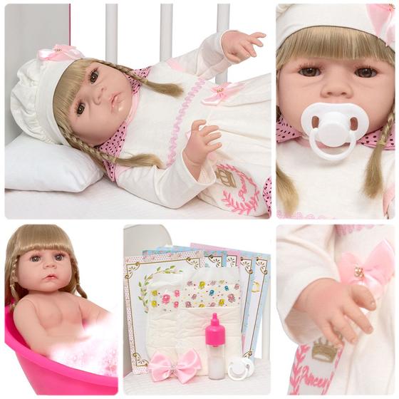 Imagem de Boneca Reborn Bebê Loira Realista Fofinha Enxoval 13 Itens