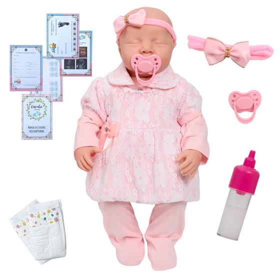 Imagem de Boneca Reborn Bebê Menina Linda Olhos Fechados Vestido Rosa