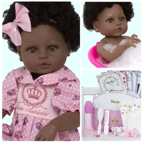 Imagem de Boneca Reborn Bebê Negra Linda 100% Silicone 20 Acessórios