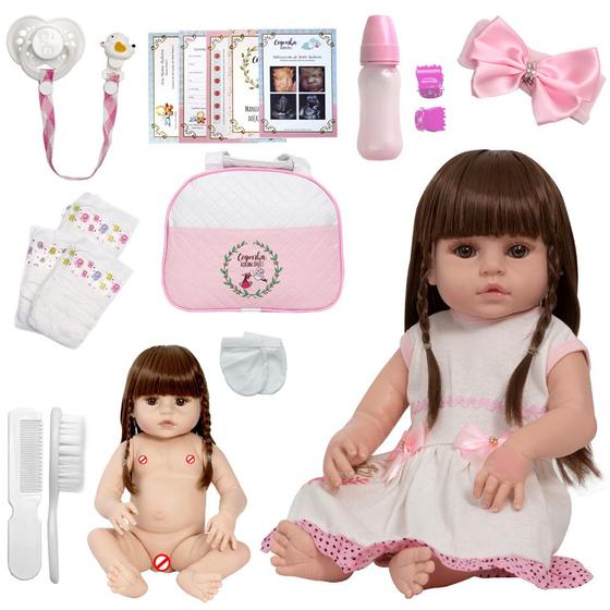 Imagem de Boneca Reborn Com Bolsa Menina Nicole Olhos Castanhos Itens