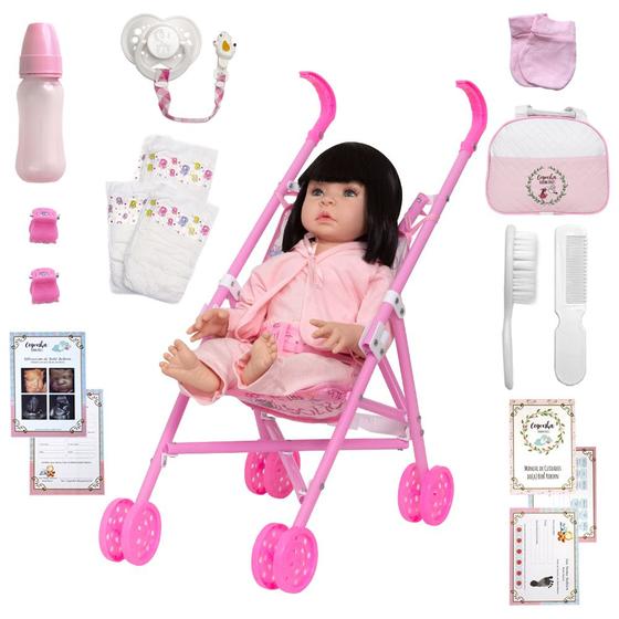 Imagem de Boneca Reborn Com Carrinho Infantil Morena Bolsa 20 Itens