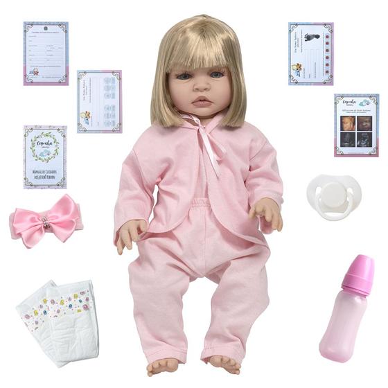 Imagem de Boneca Reborn Gatinha Loira Pijama Rosa Completa 12 Itens