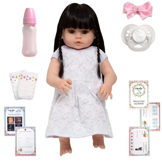 Imagem de Boneca Reborn Gatinha Morena Vestido Branco Completa + Itens