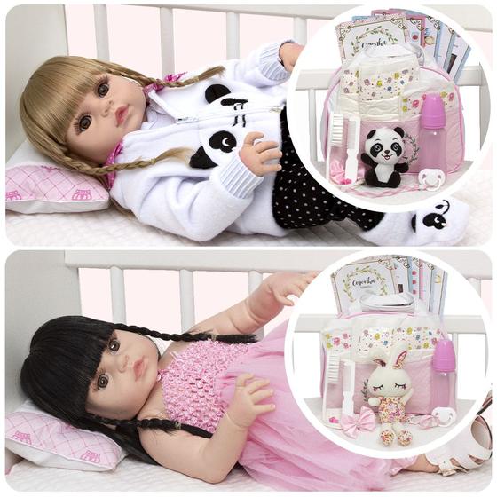 Imagem de Boneca Reborn Gêmeas Bailarina Panda Com Bolsa Acessórios