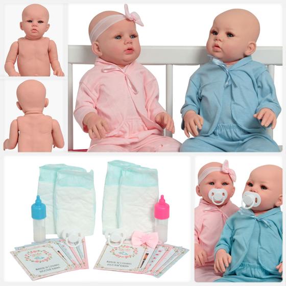 Imagem de Boneca Reborn Gêmeos Menino Menina Carequinha Olhos Azuis