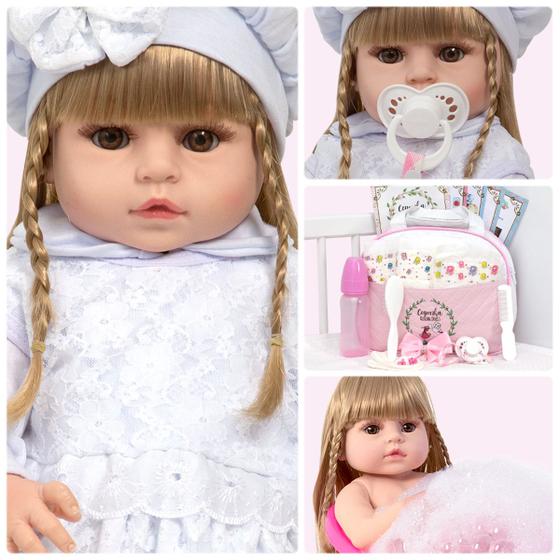 Imagem de Boneca Reborn Loira Linda 46cm Bolsa Kit Itens Pode Banho