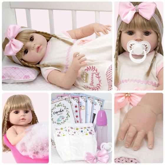 Imagem de Boneca Reborn Loira Menina Realista Pode Banho + 13 Itens