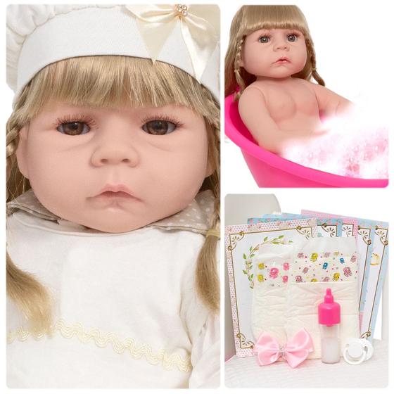 Imagem de Boneca Reborn Loira Princesa Vestido Bege Enxoval Lindo