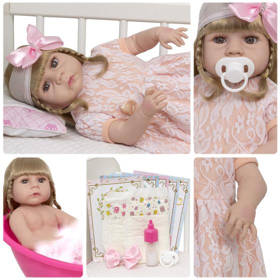 Imagem de Boneca Reborn Menina Loira Fofinha Vestido Renda 13 Itens