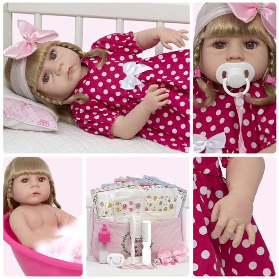 Imagem de Boneca Reborn Menina Realista Loira Vestido Bolinha 20 Itens