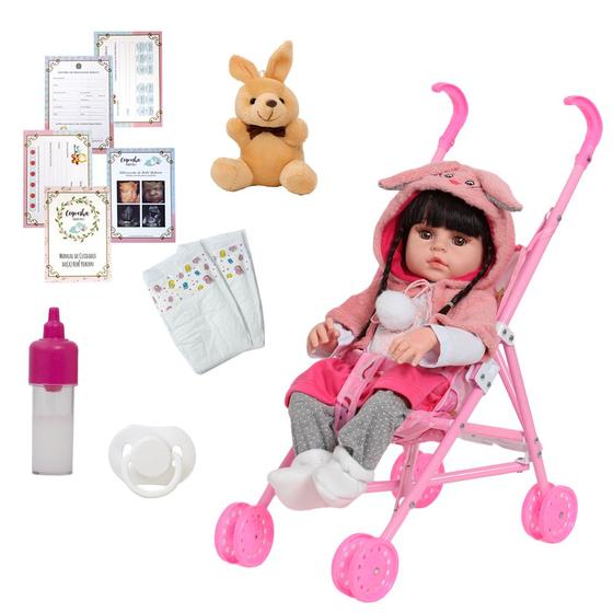 Imagem de Boneca Reborn Morena Enxoval Coelhinha + Carrinho Infantil