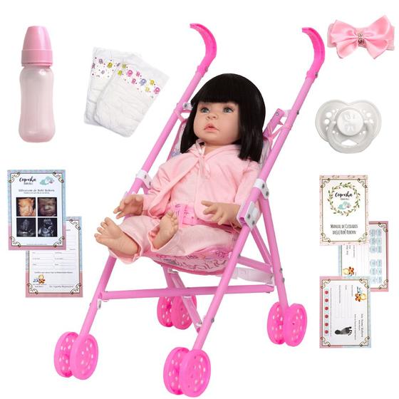 Imagem de Boneca Reborn Morena Pijama Rosa 13 Itens Enxoval Carrinho