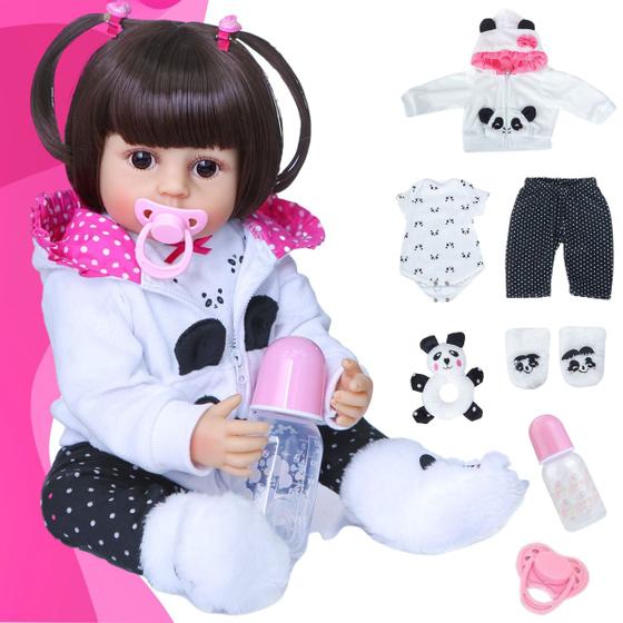 Imagem de Boneca Reborn Panda De Silicone Com Pelúcia Marca New Happy