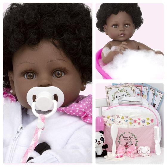 Imagem de Boneca Reborn Pretinha Panda Corpo de Vinil Com Acessórios