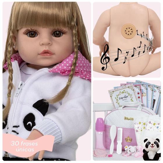 Imagem de Boneca Reborn Realista Loira Panda Enxoval Bolsa 30 Frases